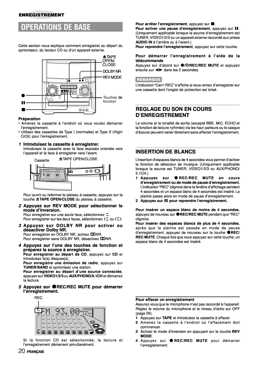 Aiwa XH-A1000 Reglage Du Son En Cours D’Enregistrement, Insertion De Blancs, 1Introduisez la cassette à enregistrer, zTAPE 