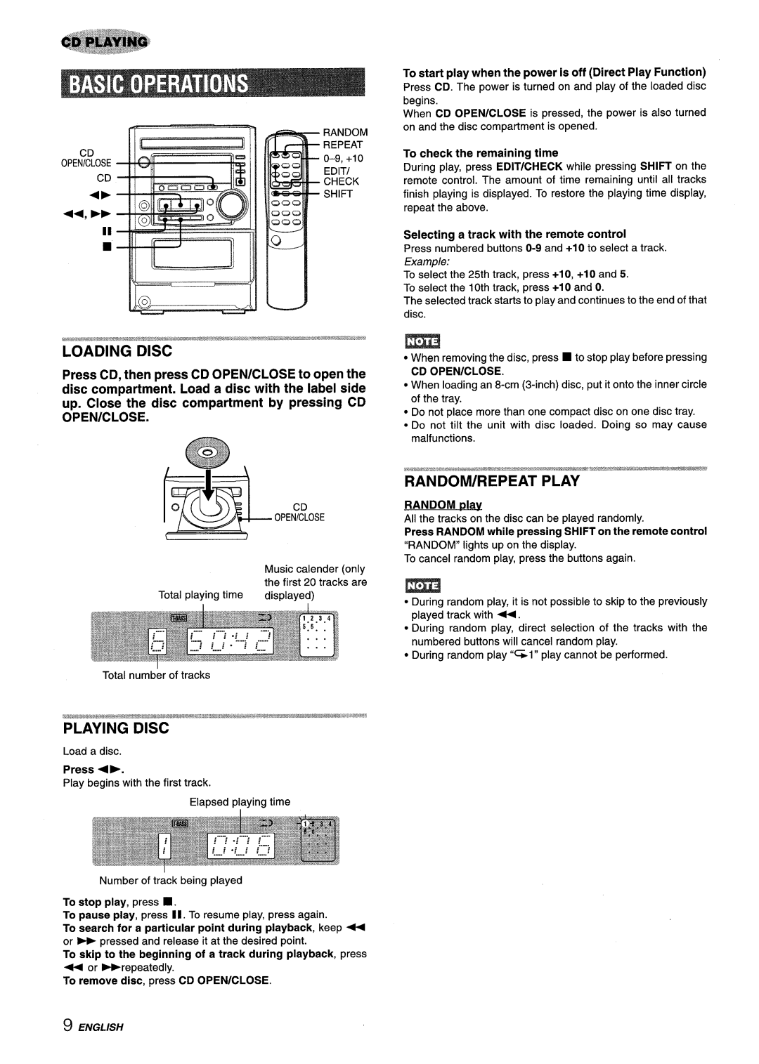 Aiwa XM-M25 To start play when the power is off Direct Play Function, To check the remaining time, Random ~lav, Press +~ 