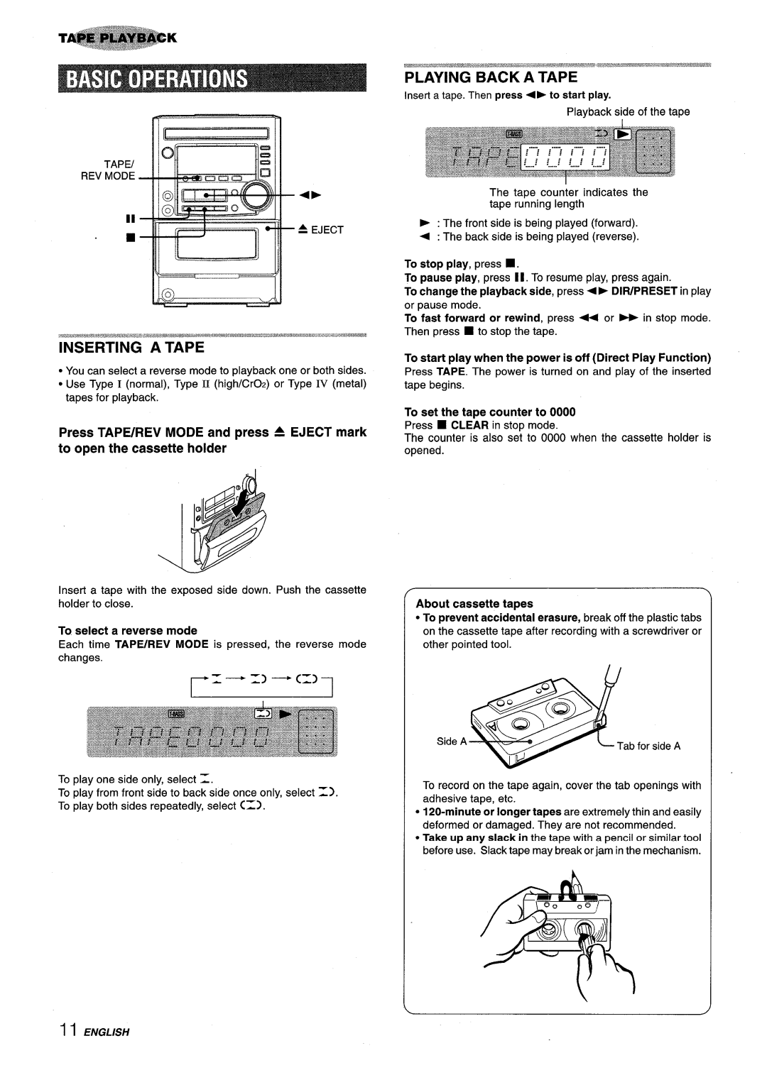 Aiwa XM-M25 manual Tapei REV Mode ~ Eject, To select a reverse mode 