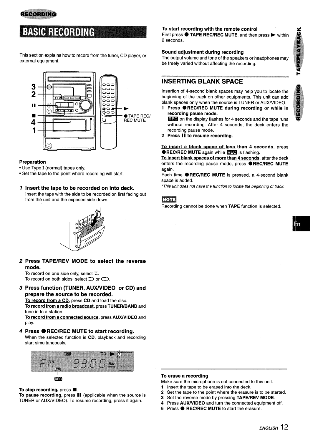 Aiwa XM-M25 manual Insert the tape to be recorded on into deck, Press TAPE/REV Mode to select the reverse mode 