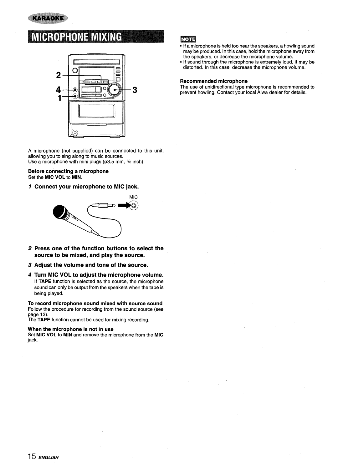 Aiwa XM-M25 manual Connect your microphone to MIC jack, Recommended microphone, Mic, When the microphone is not in use 