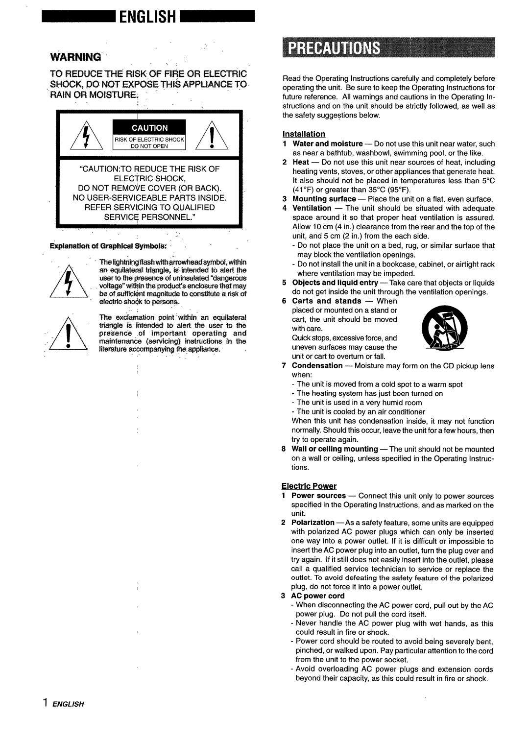 Aiwa XM-M25 manual FOCKj IX NtW FXPCM3E TIE@ Appliance to Rain $X3 MUETt,RE, Electric Shock, Installation, Electric Power 