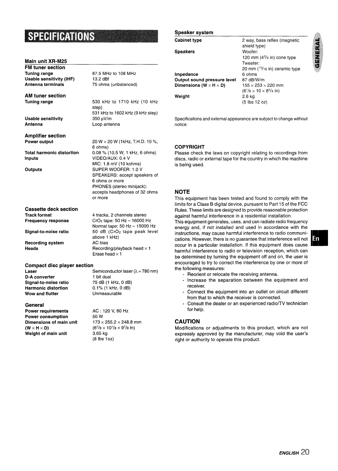 Aiwa XM-M25 manual Copyright 