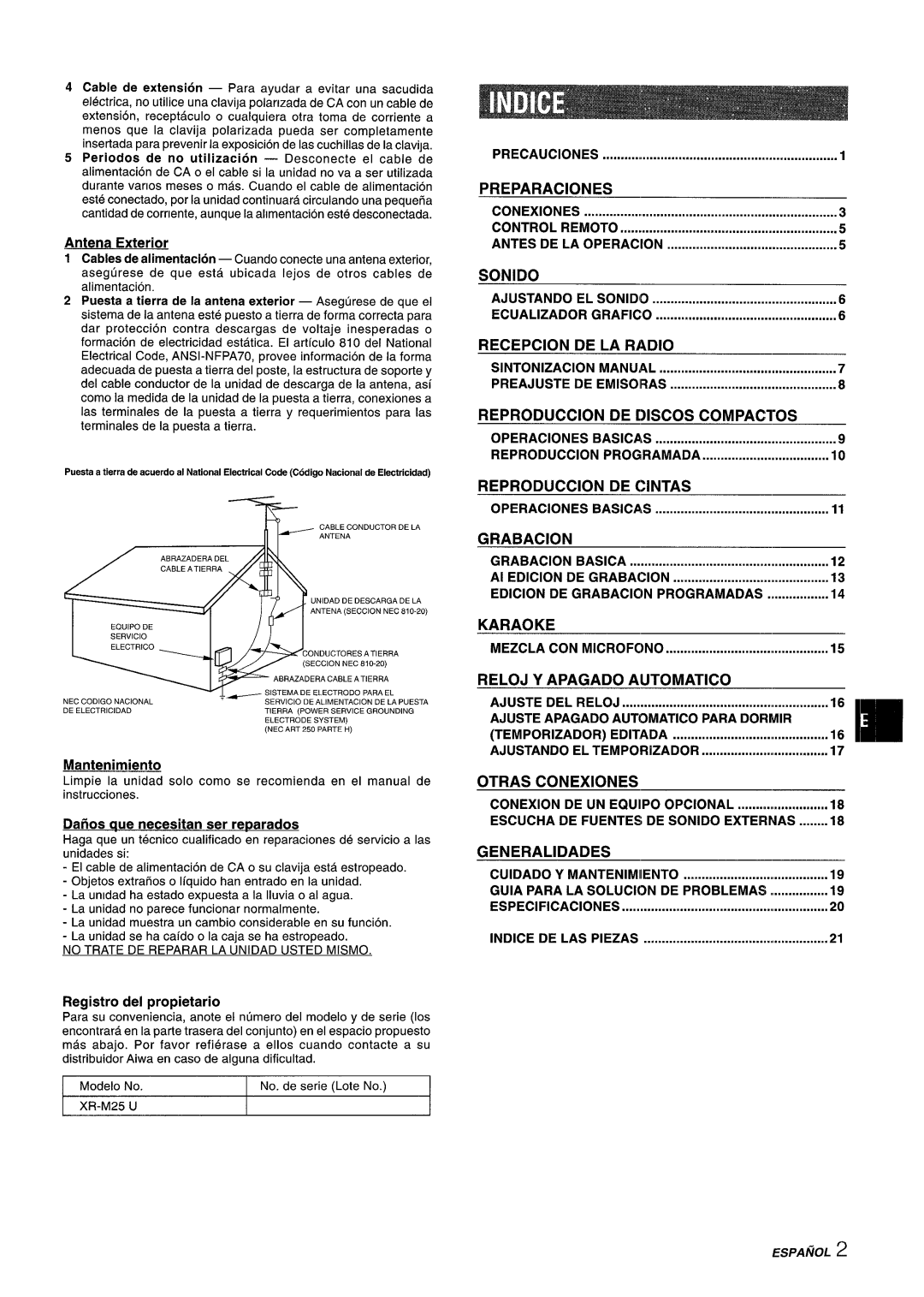 Aiwa XM-M25 manual Preparaciones, Sonido, Recepcion DE LA Radio, Reproduction DE Iscos Compactos, Reproduction DE Cintas 