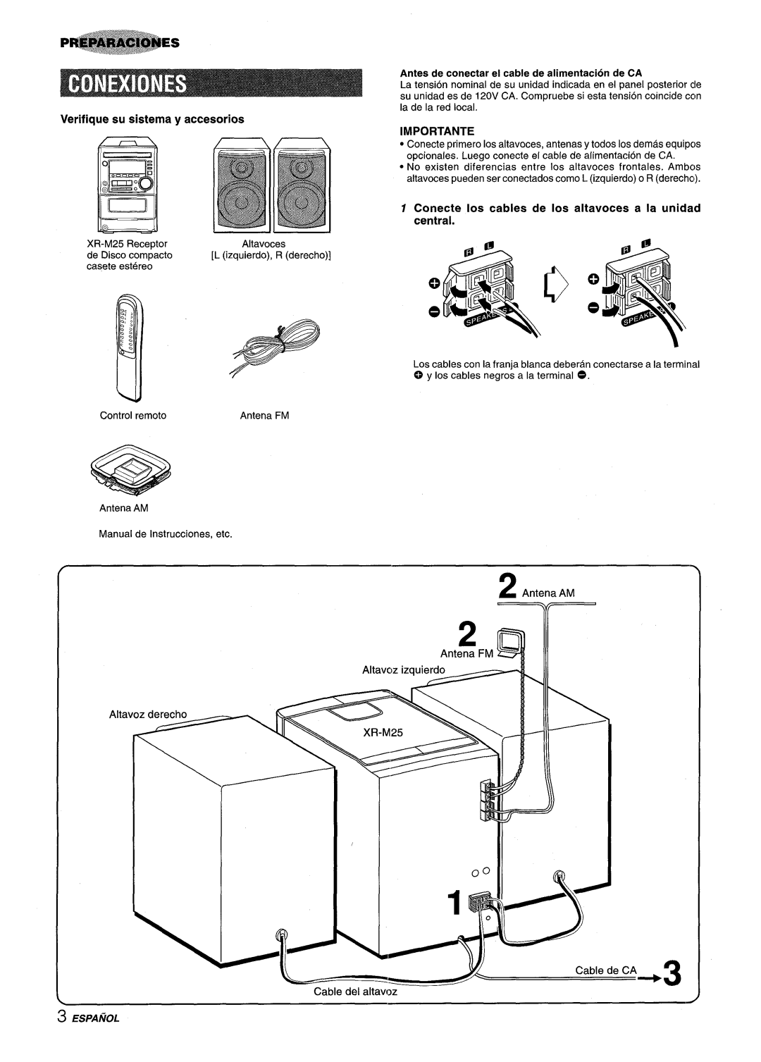 Aiwa XM-M25 manual Antes de conectar el cable de alimentacion de CA, Importante 