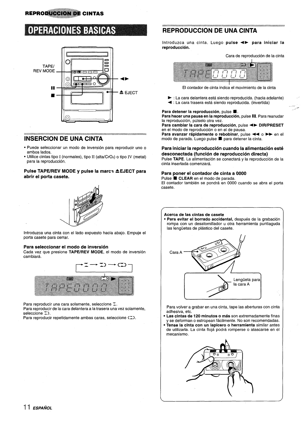 Aiwa XM-M25 manual =- z =, Reproduction, Para seleccionar el modo de inversion, Acerca de Ias cintas de casete 