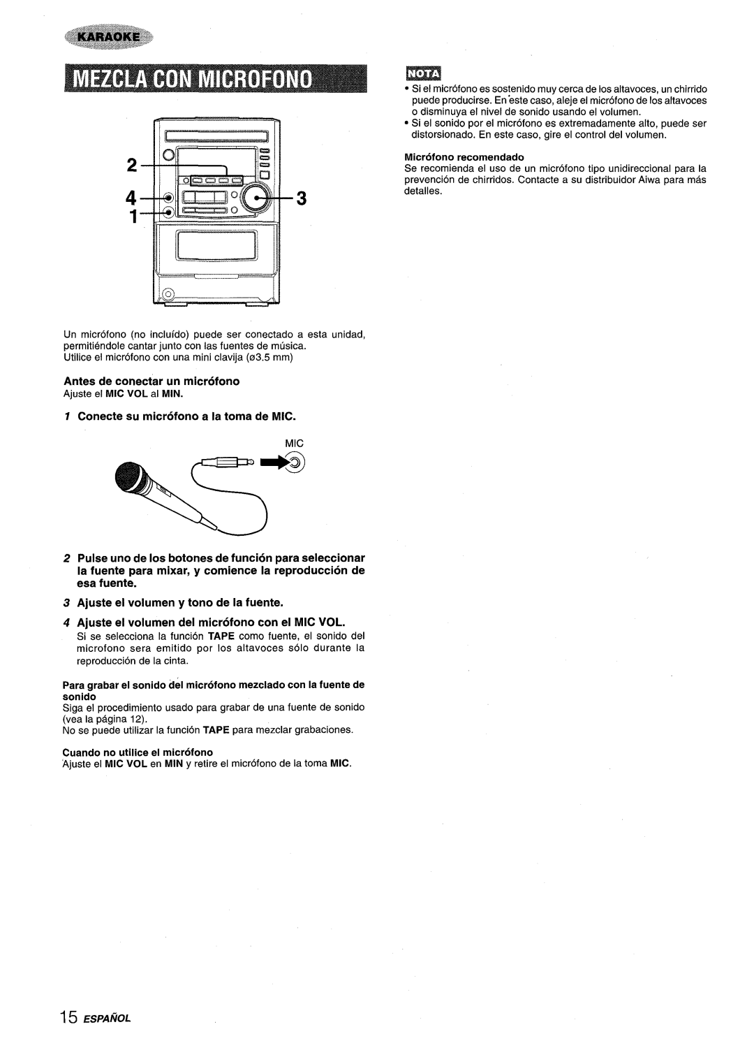 Aiwa XM-M25 manual Antes de conectar un microfono, Conecte su microfono a la toma de MIC 