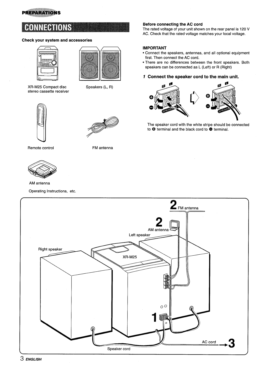 Aiwa XM-M25 Connect the speaker cord to the main unit, Before connecting the AC cord, Check your system and accessories 