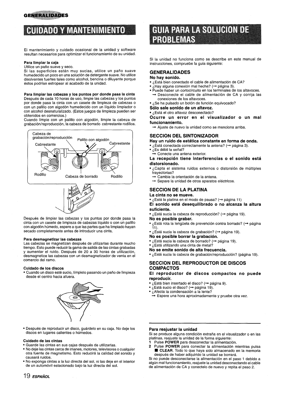 Aiwa XM-M25 Generalidades, Seccion DEL Sintonizador, Seccion DE LA Platina, Seccion DEL Reproductor DE Discos Compactos 