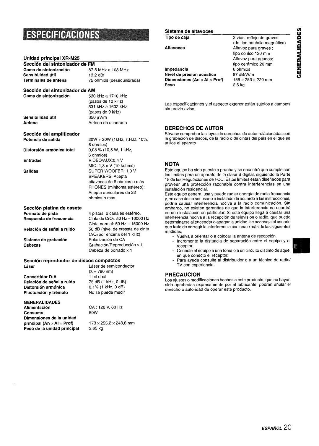 Aiwa XM-M25 manual Derechos DE Autor, Nota, Precaution 