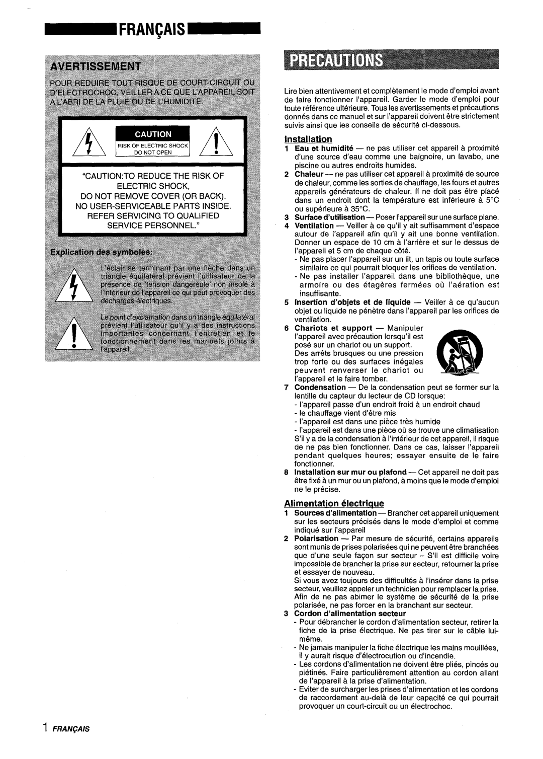 Aiwa XM-M25 manual Installation, Alimentation electriaue, Refer Servicing to Qualified Service Personnel 