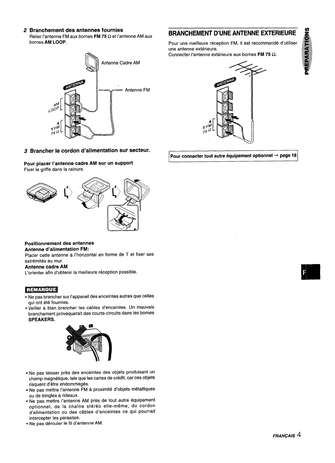 Aiwa XM-M25 manual Branchement des antennes fournies, Bornes AM Loop, Positionnement des antennes Antenne d’alimentation FM 