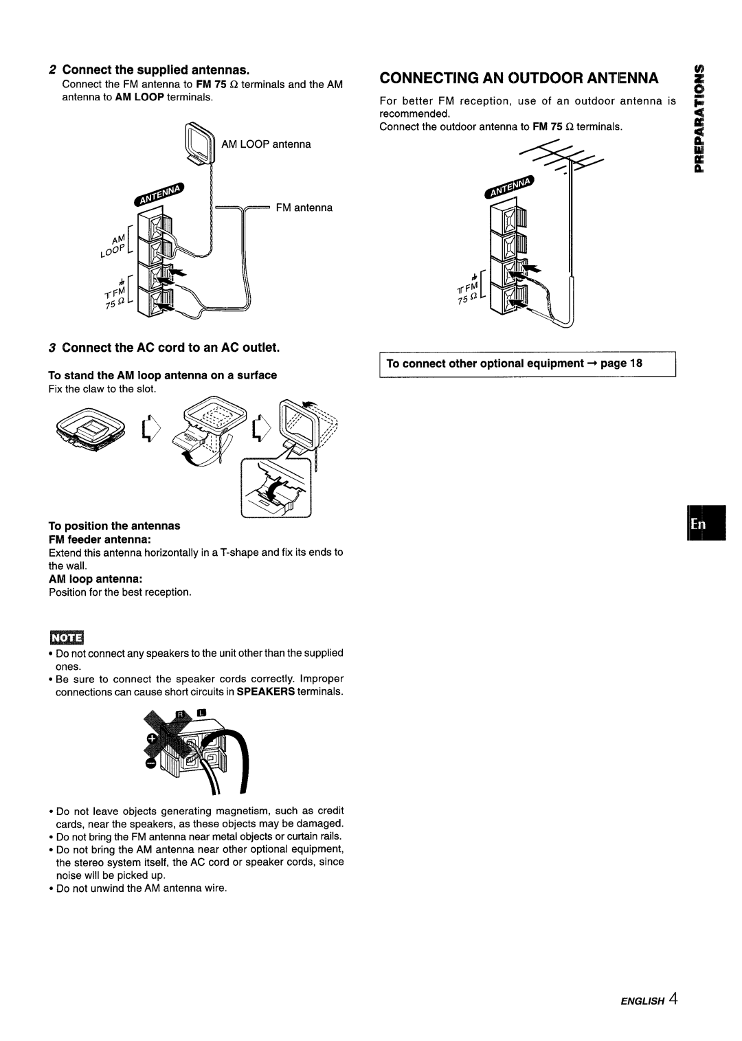 Aiwa XM-M25 manual Connect the supplied antennas, Connect the AC cord to an AC outlet 