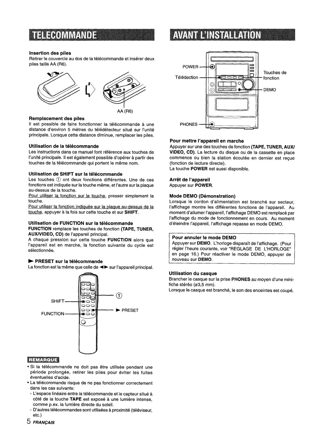 Aiwa XM-M25 manual Insertion des piles, Replacement des piles, Utilisation de la telecommande, ~ Preset sur la telecommande 