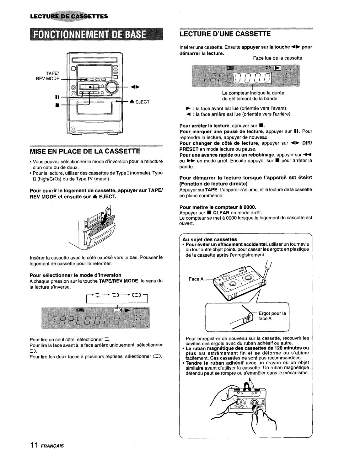 Aiwa XM-M25 manual Pour selectionner Ie mode d’inversion, Pour arr~ter la lecture, appuyer sur, Pour mettre Ie compteur a 