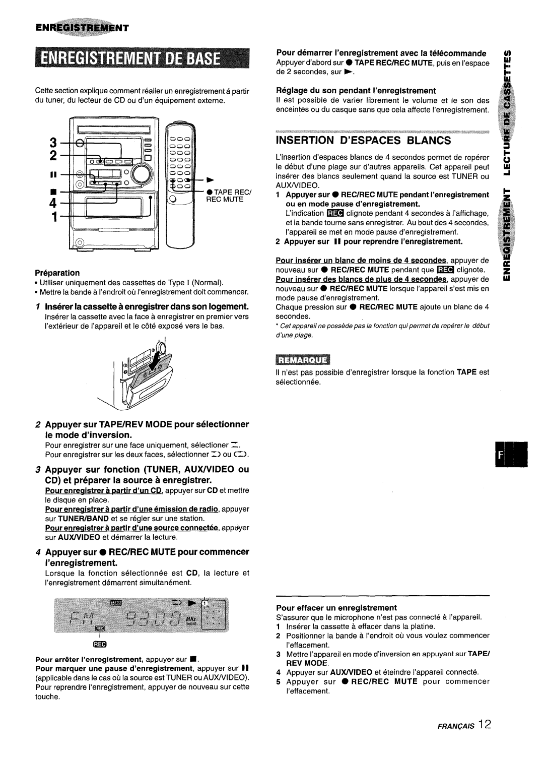 Aiwa XM-M25 Reglage du son pendant I’enregistrement, Preparation, Irtserer la cassette ~ enregistrer clans son Iogement 