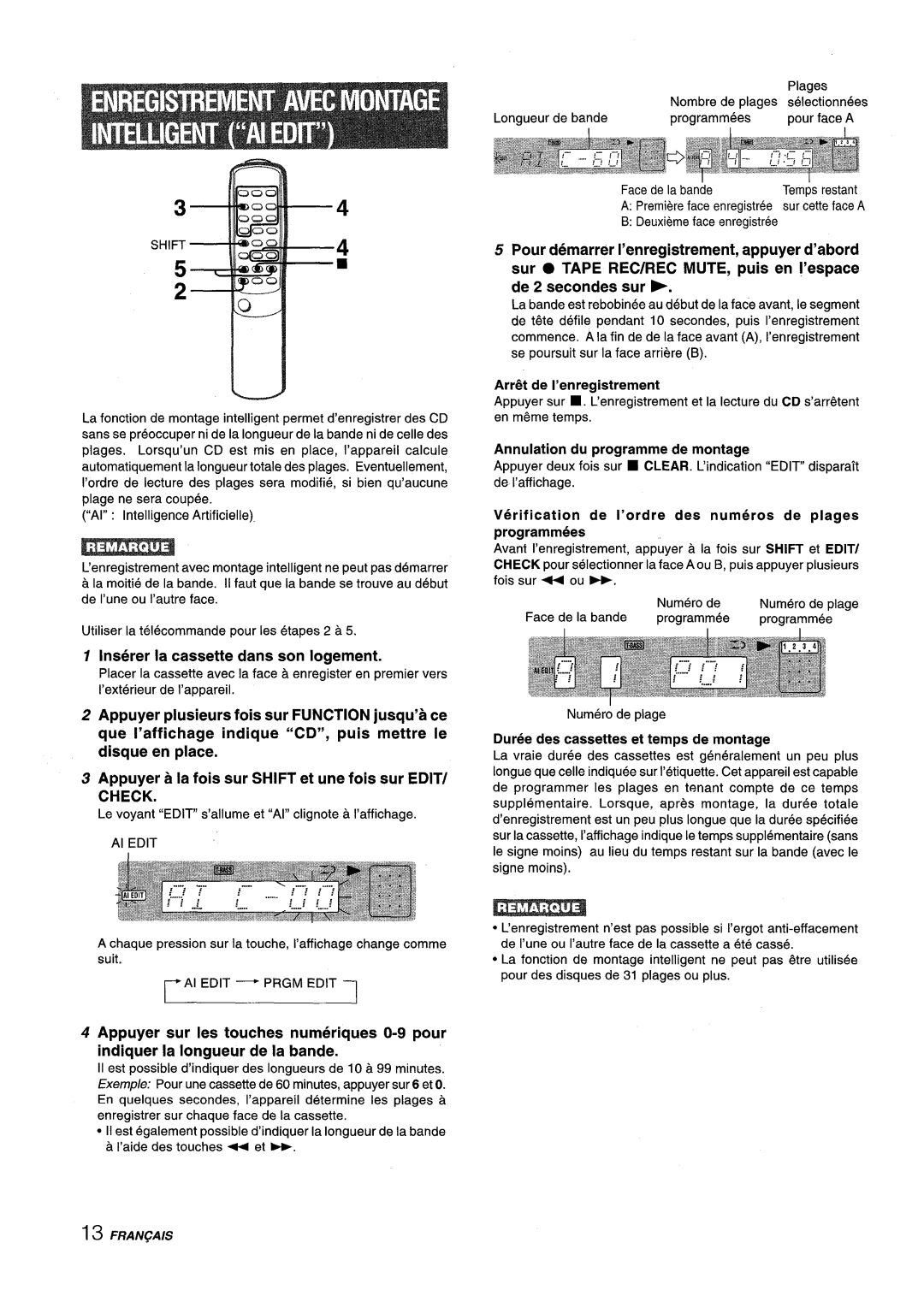 Aiwa XM-M25 Inserer la cassette clans son Iogement, Check, Arr& de I’enregistrement, Annulation du programme de montage 