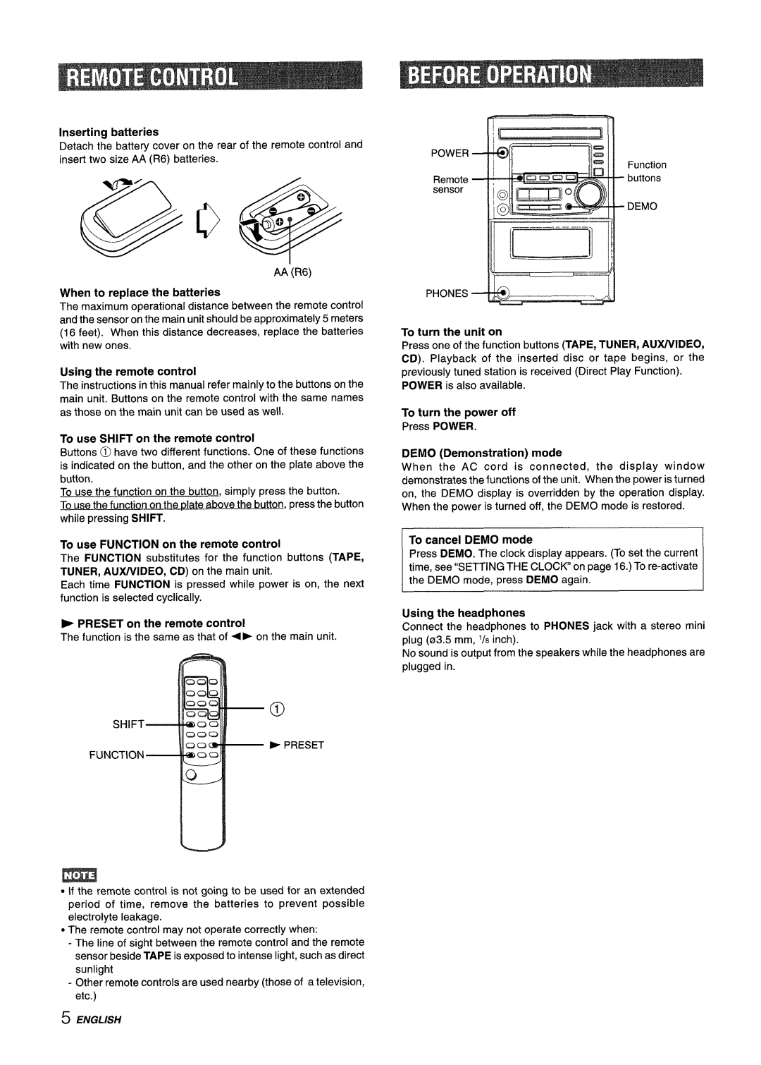 Aiwa XM-M25 Using the remote control, To use Function on the remote control, To cancel Demo mode, Using the headphones 