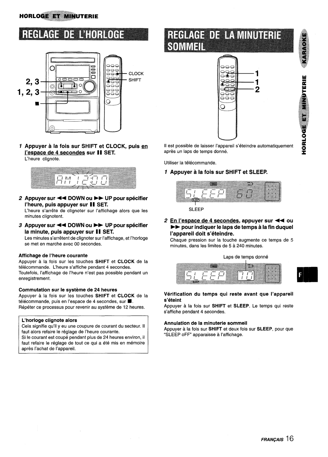 Aiwa XM-M25 manual ’horloge clignote alors, Appuyer a la fois sur Shift et Sleep, Affichage de I’heure courante 