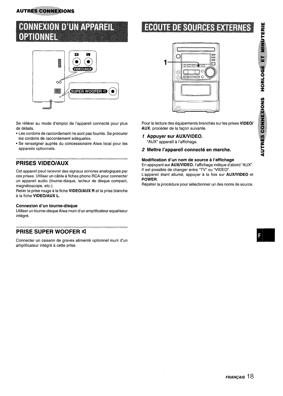 Aiwa XM-M25 manual Appuyer sur Auuvideo, Mettre I’appareil connecte en marche, Connexion d’un tourne-disque 