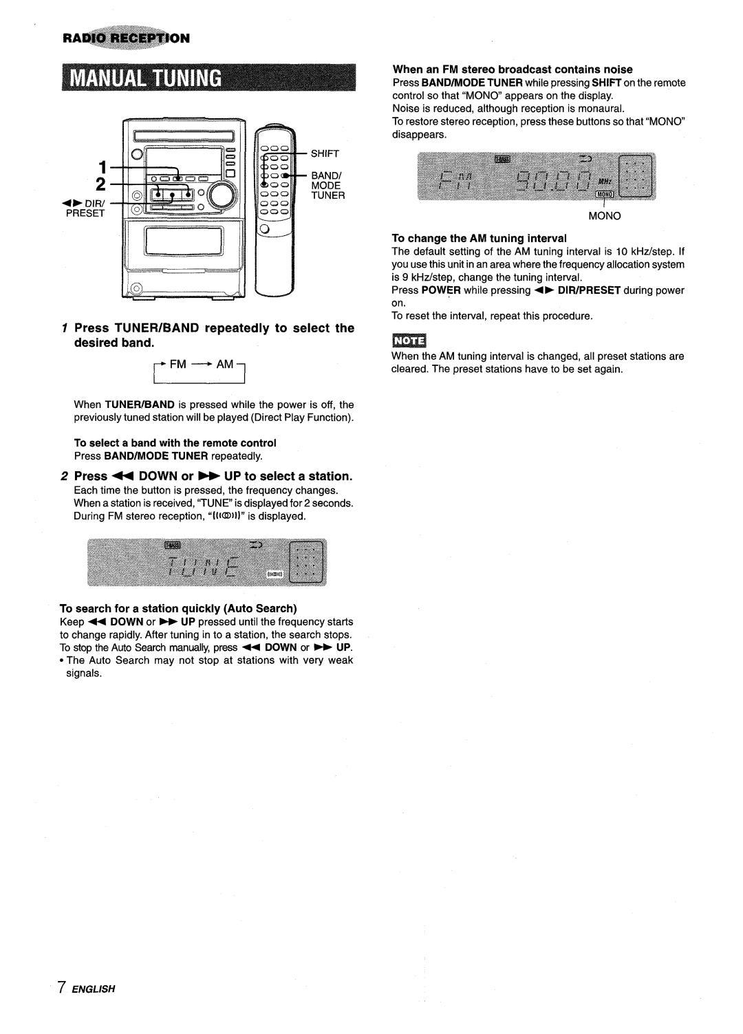 Aiwa XM-M25 manual Press TUNER/BAND repeatedly to select the desired band, Press 4+ Down or W UP to select a station 