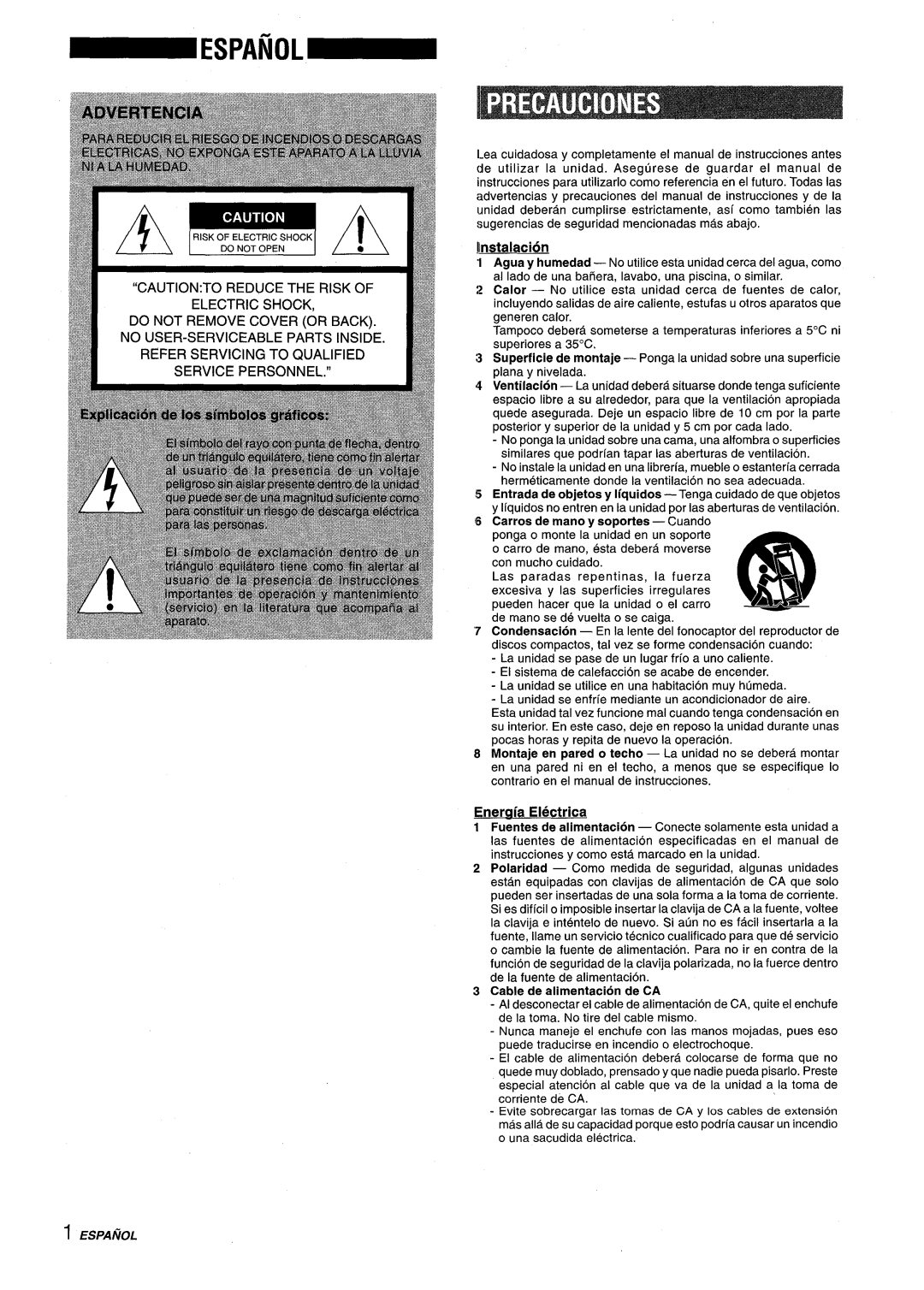 Aiwa XM-M25 manual IInstalacion, Entrada de objetos y Iiquidos -Tenga cuidado de que objetos, Enercfia Electrica, 1~ k 