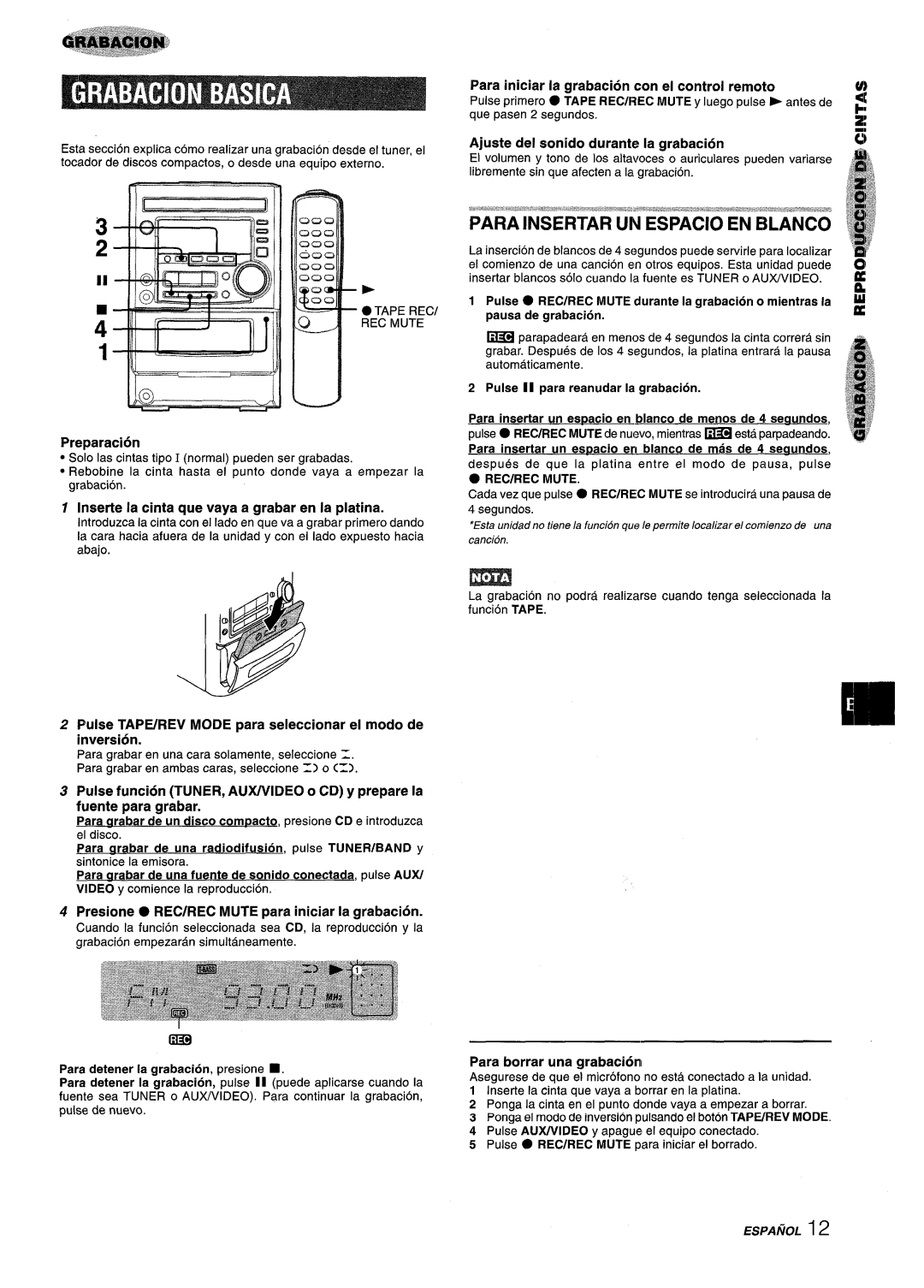 Aiwa XM-M25 manual Para iniciar la grabacion con ei control remoto, Ajuste del sonido durante la grabacion, Preparaci6n 