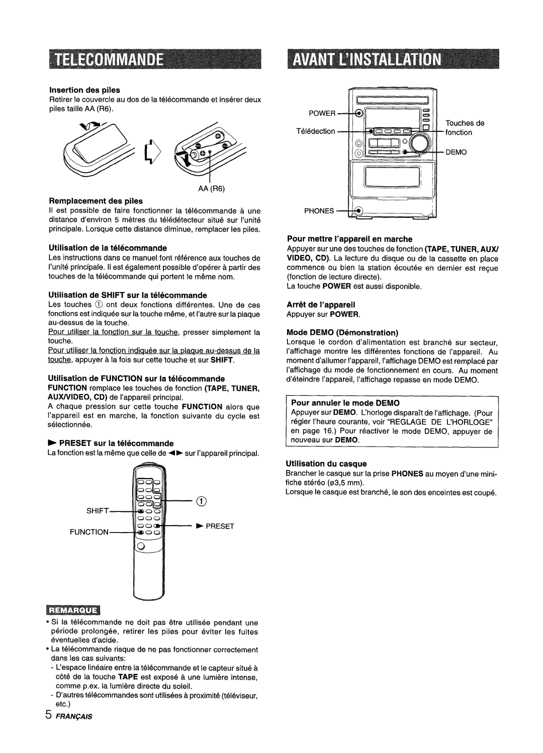 Aiwa XM-M25 manual Insertion des piles, Replacement des piles, Utilisation de la telecommande, ~ PRESET sur la telecommande 