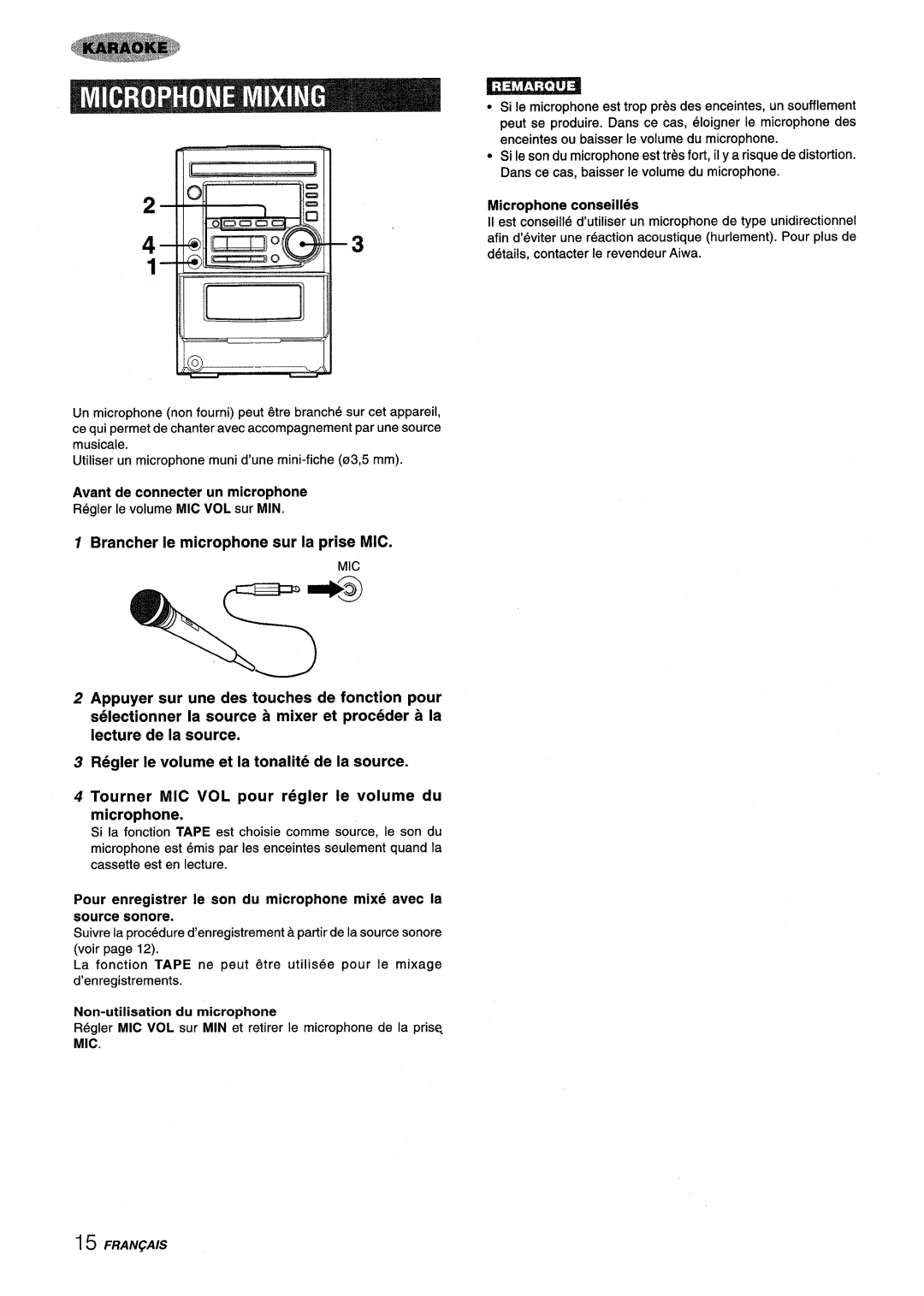 Aiwa XM-M25 manual Microphone conseilles, Avant de connecter un microphone, Brancher Ie microphone sur la prise MIC 