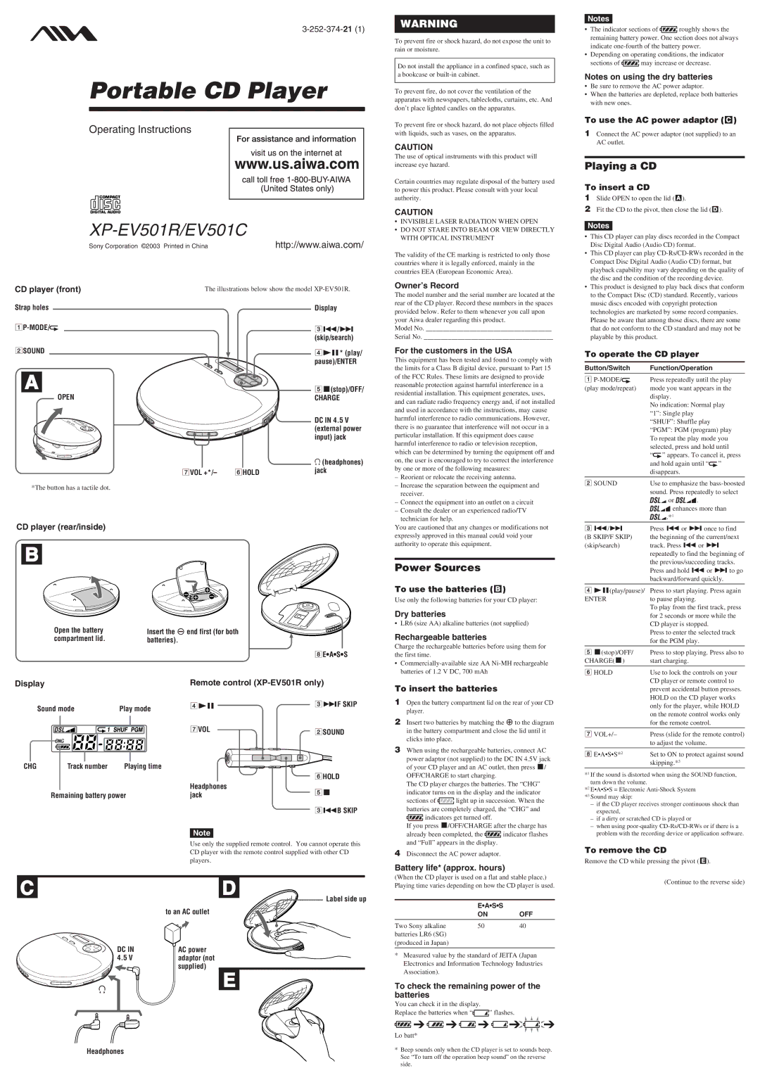 Aiwa XP-EV501R, XP-EV501C operating instructions Playing a CD, Power Sources 