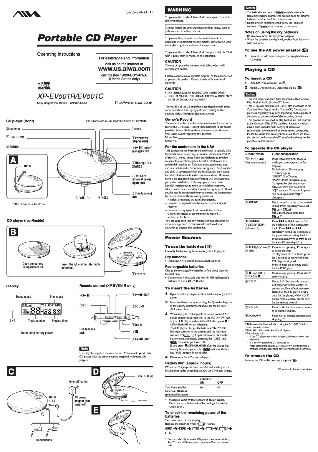 Aiwa operating instructions Playing a CD, Power Sources, Portable CD Player, XP-EV501R/EV501C, Operating Instructions 