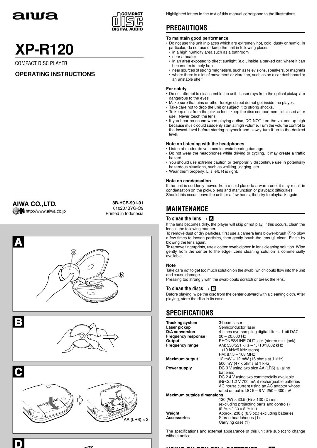 Aiwa XP-R120 specifications Precautions, Maintenance, Specifications, To clean the lens → a, To clean the discs → B 