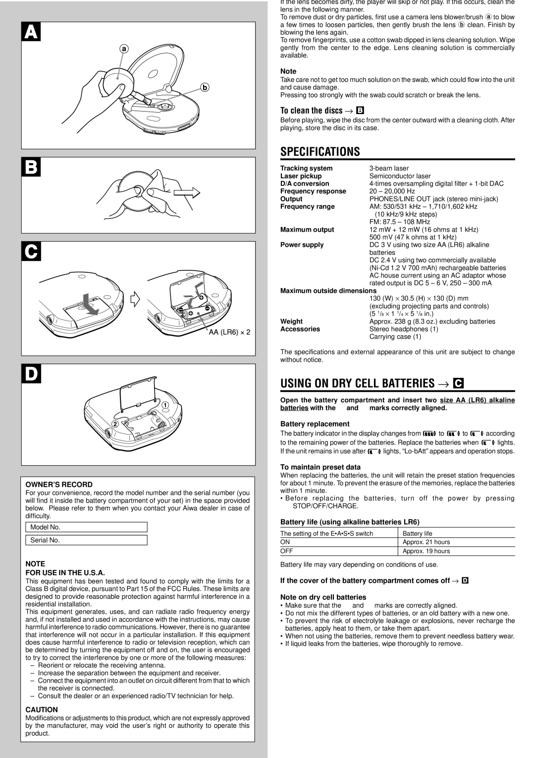 Aiwa XP-R120 specifications Using on DRY Cell Batteries → C, OWNER’S Record, For USE in the U.S.A 