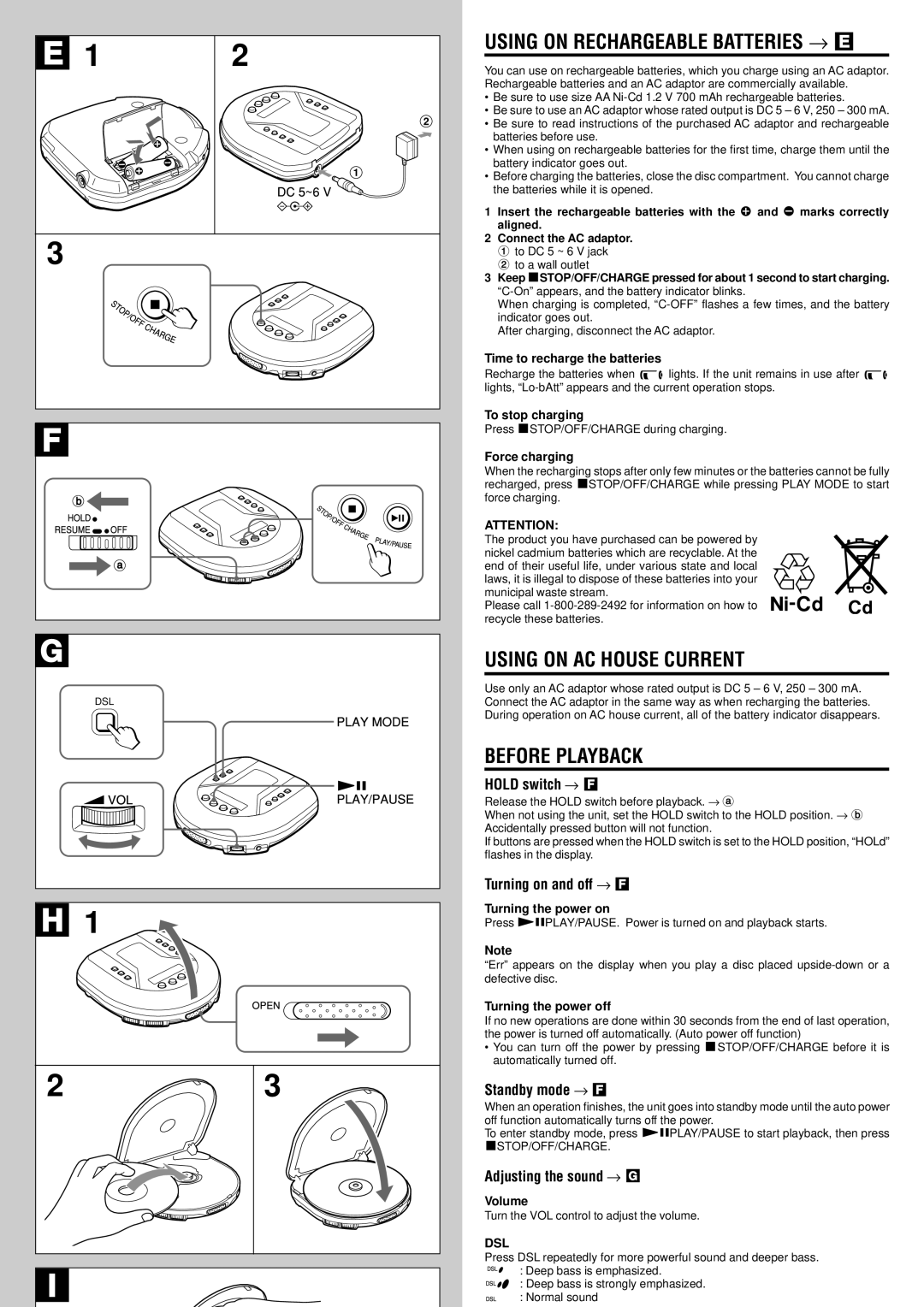 Aiwa XP-R120 specifications Using on Rechargeable Batteries → E, Using on AC House Current, Before Playback 