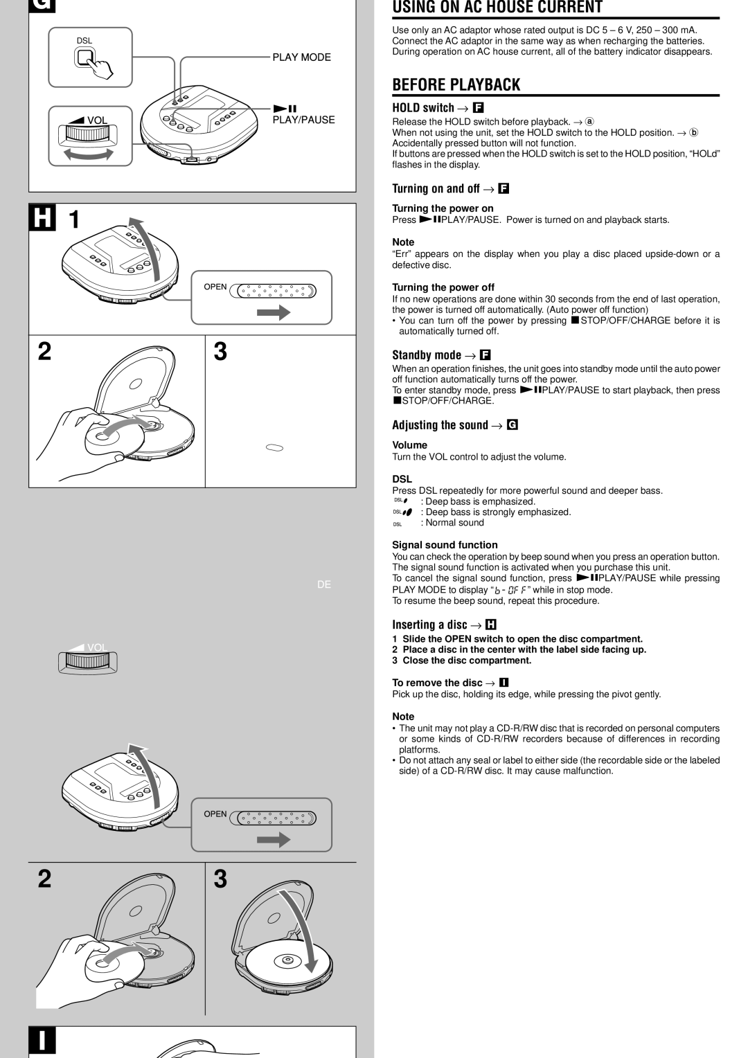 Aiwa XP-R120 specifications Inserting a disc → H, Signal sound function, To remove the disc → 