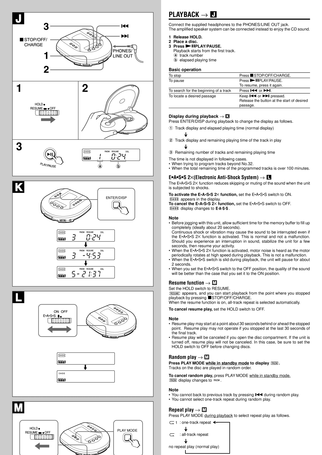Aiwa XP-R120 Playback → J, Eass 2⋅ Electronic Anti-Shock System → L, Resume function → M, Random play → M, Repeat play → M 