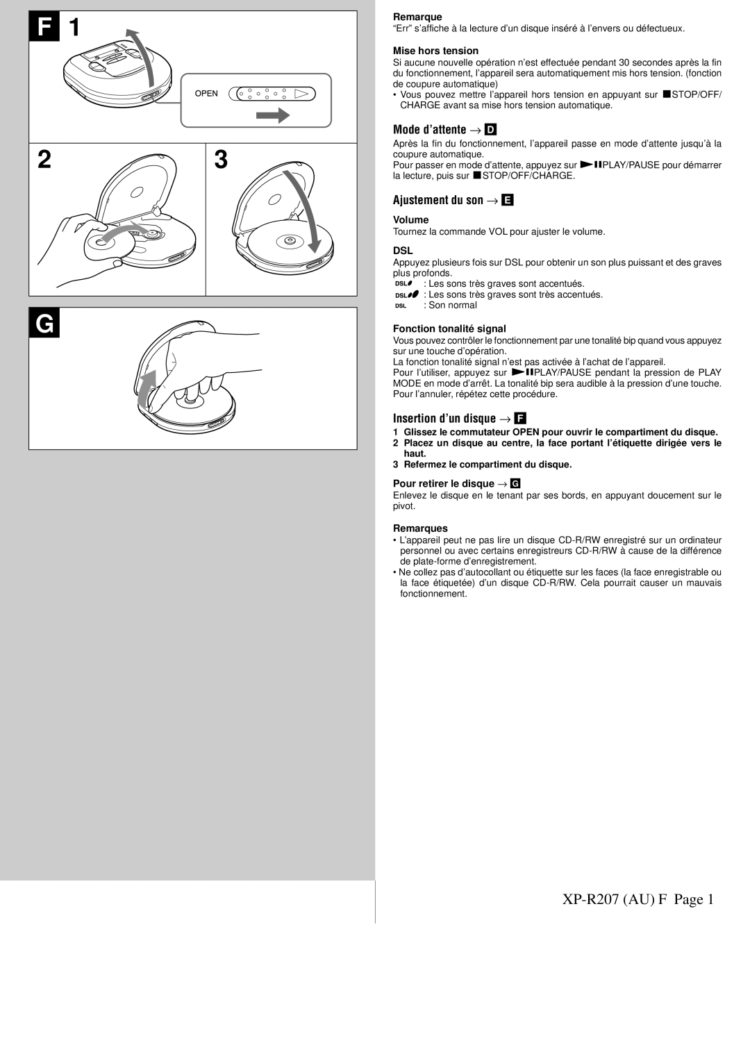 Aiwa XP-R207 manual Insertion d’un disque → F, Pour retirer le disque → G, Remarques 