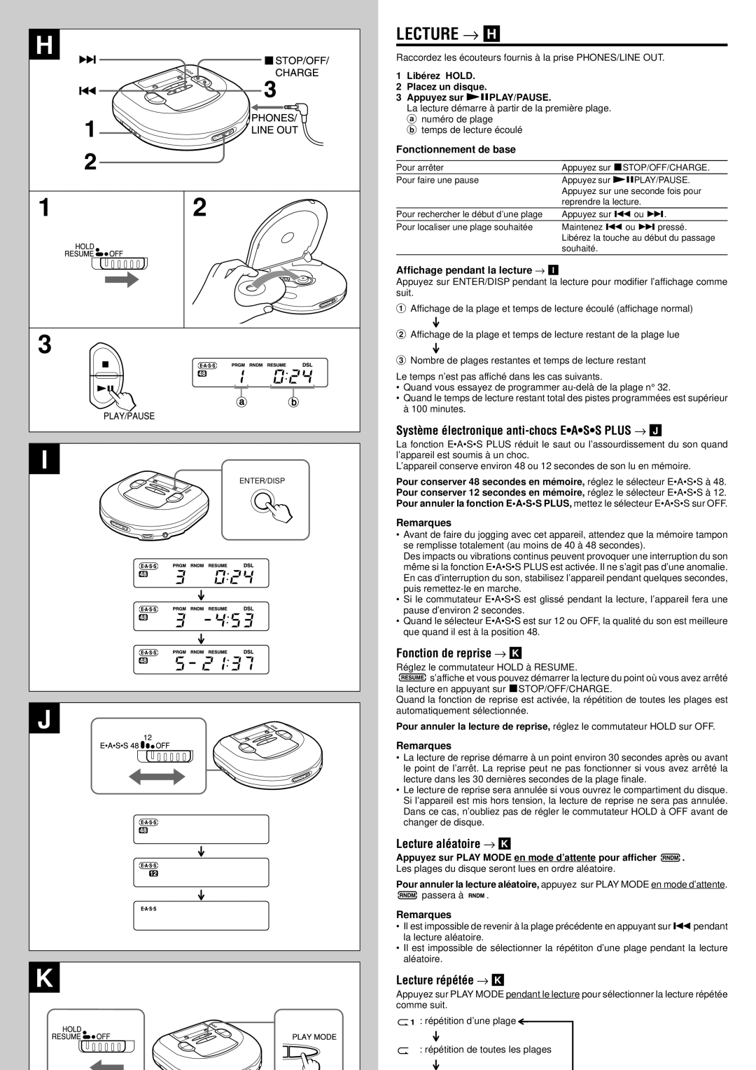 Aiwa XP-R207 Lecture → H, Système électronique anti-chocs Eass Plus → J, Fonction de reprise → K, Lecture aléatoire → K 