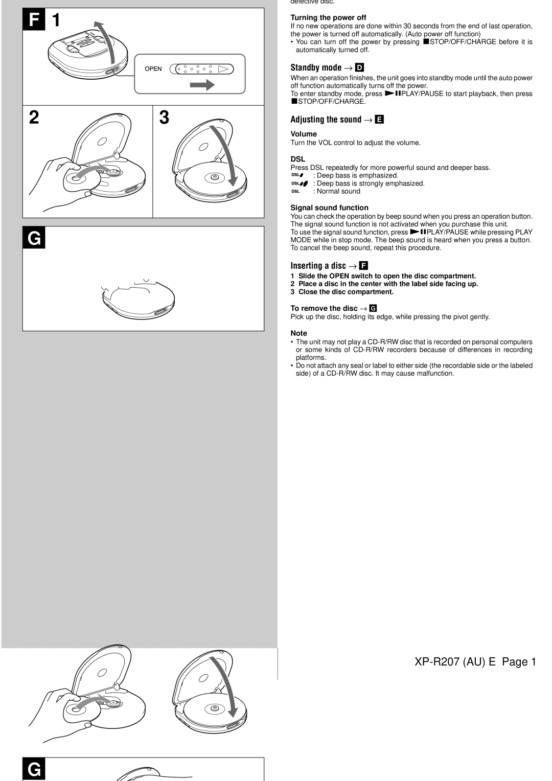 Aiwa XP-R207 manual Inserting a disc → F, To remove the disc → G 