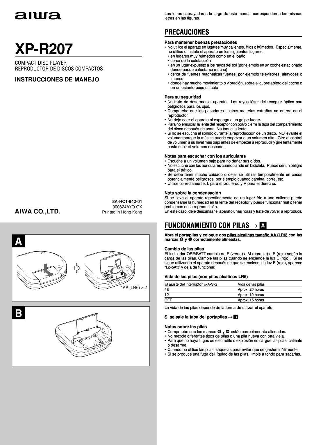 Aiwa XP-R207 manual Precauciones, Funcionamiento Con Pilas → A, Instrucciones De Manejo, Reproductor De Discos Compactos 