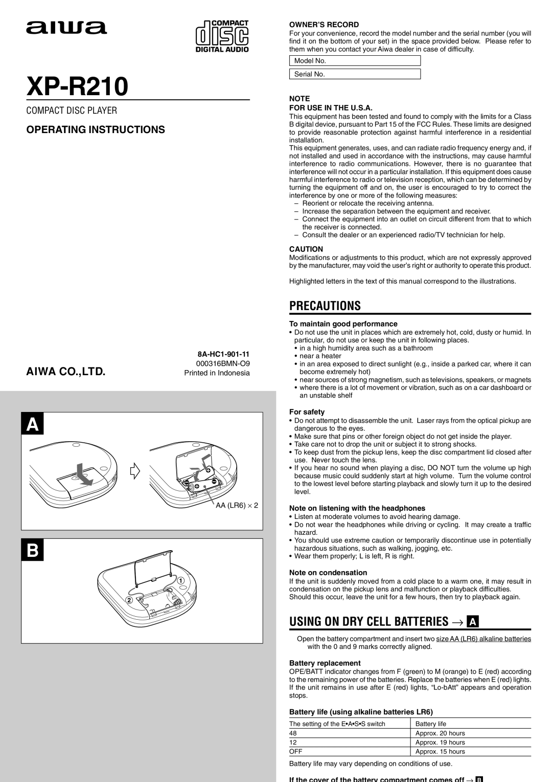 Aiwa XP-R210 operating instructions Precautions, Using on DRY Cell Batteries → a, OWNER’S Record, For USE in the U.S.A 