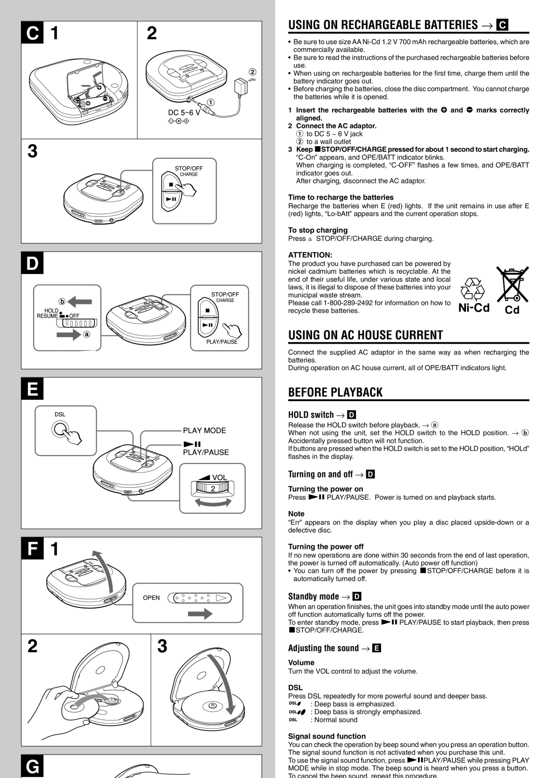 Aiwa XP-R210 operating instructions Using on Rechargeable Batteries → C, Using on AC House Current, Before Playback 