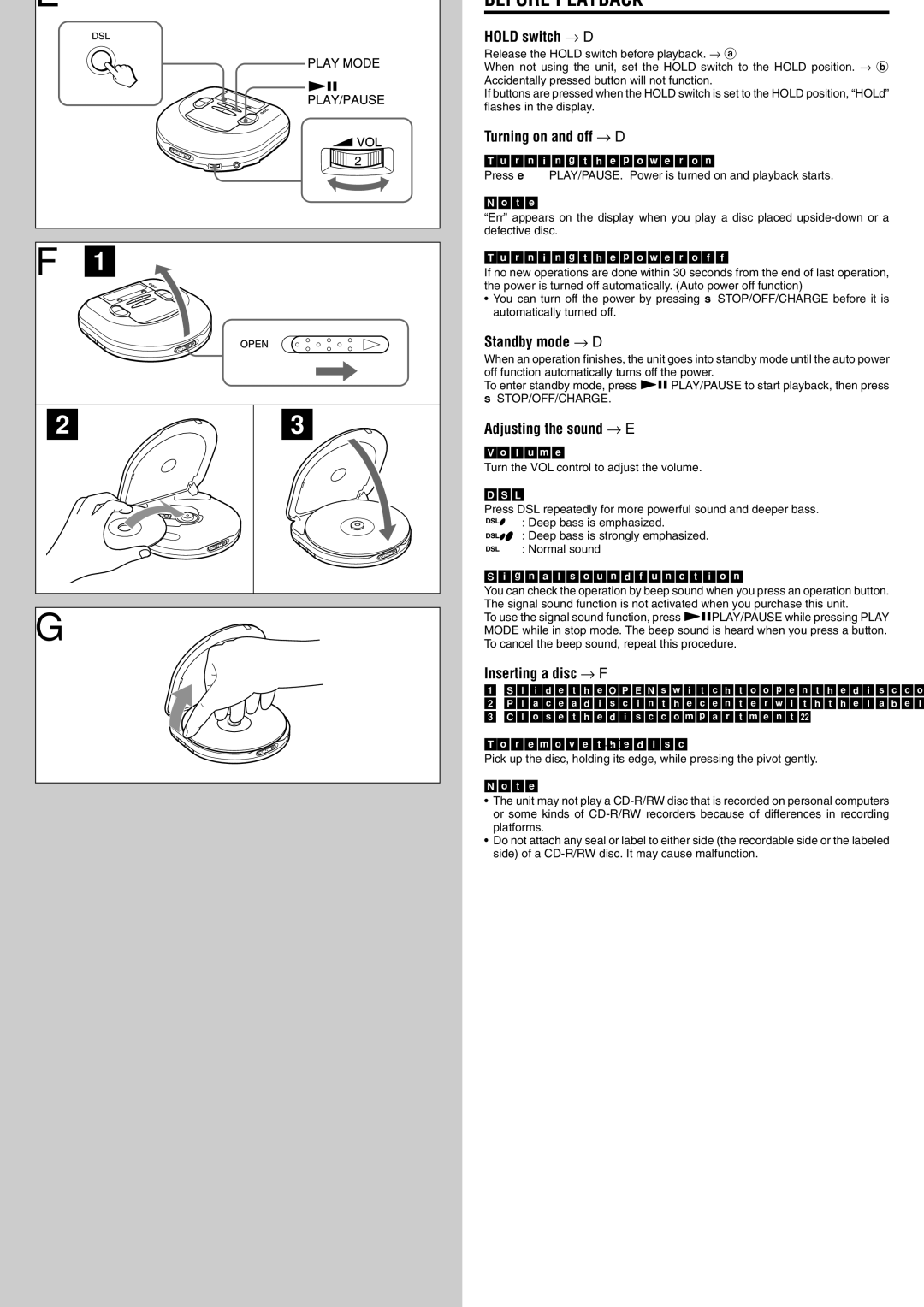 Aiwa XP-R210 operating instructions Inserting a disc → F, To remove the disc → G 