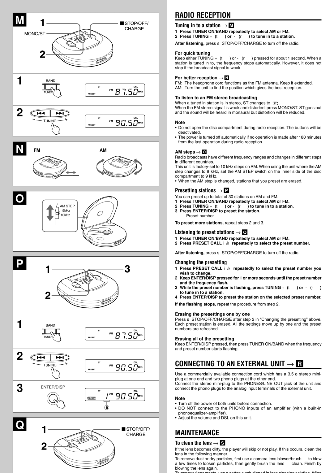 Aiwa XP-R210 operating instructions Radio Reception, Connecting to AN External Unit → R, Maintenance 