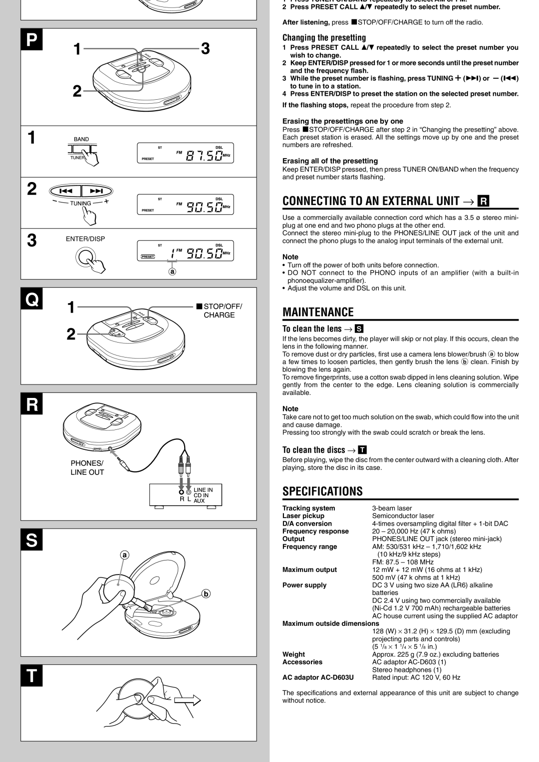 Aiwa XP-R210 operating instructions Specifications, To clean the discs → T 