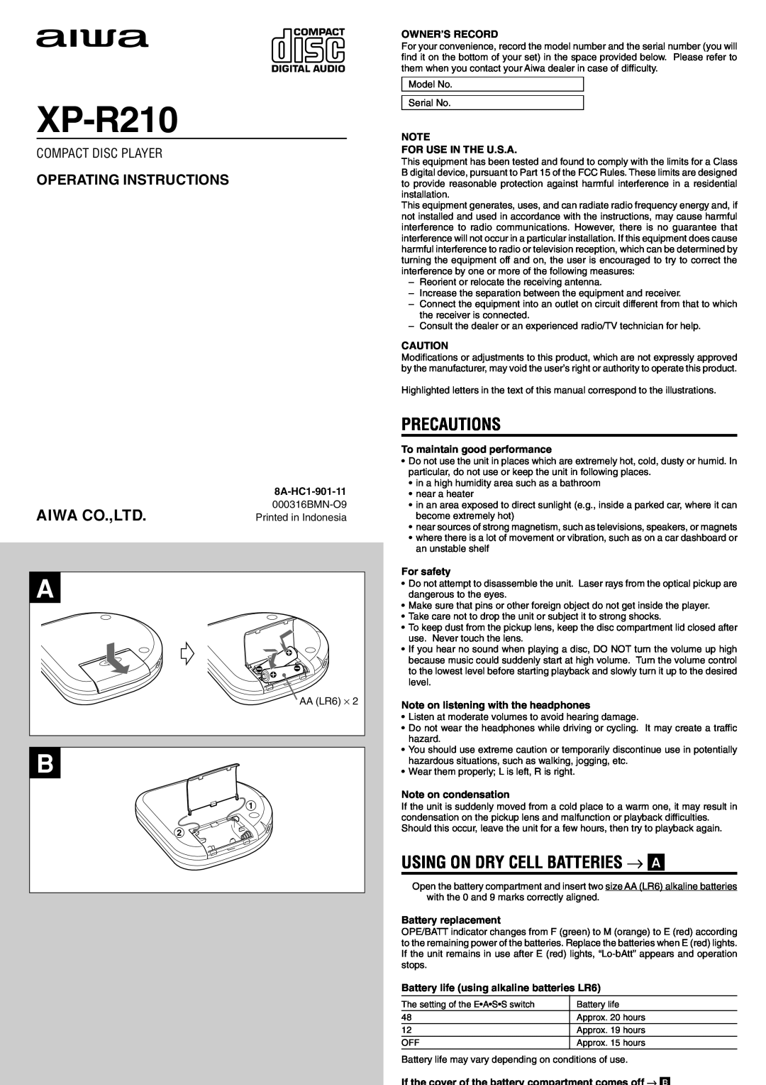 Aiwa XP-R210 operating instructions Precautions, Using On Dry Cell Batteries → A, 8A-HC1-901-11, Owner’S Record 