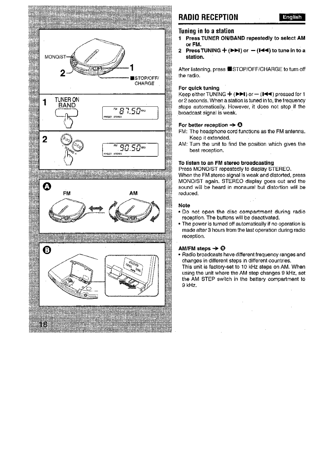 Aiwa XP-R970 manual Radio Reception, Tuning into a station, For quick tuning, For better reception + ~, Reduced 