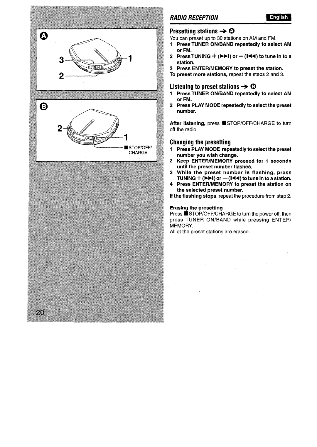 Aiwa XP-R970 manual Presetting stations +, Listening to preset stations+ ~, Changing the presetting, Erasing the presetting 