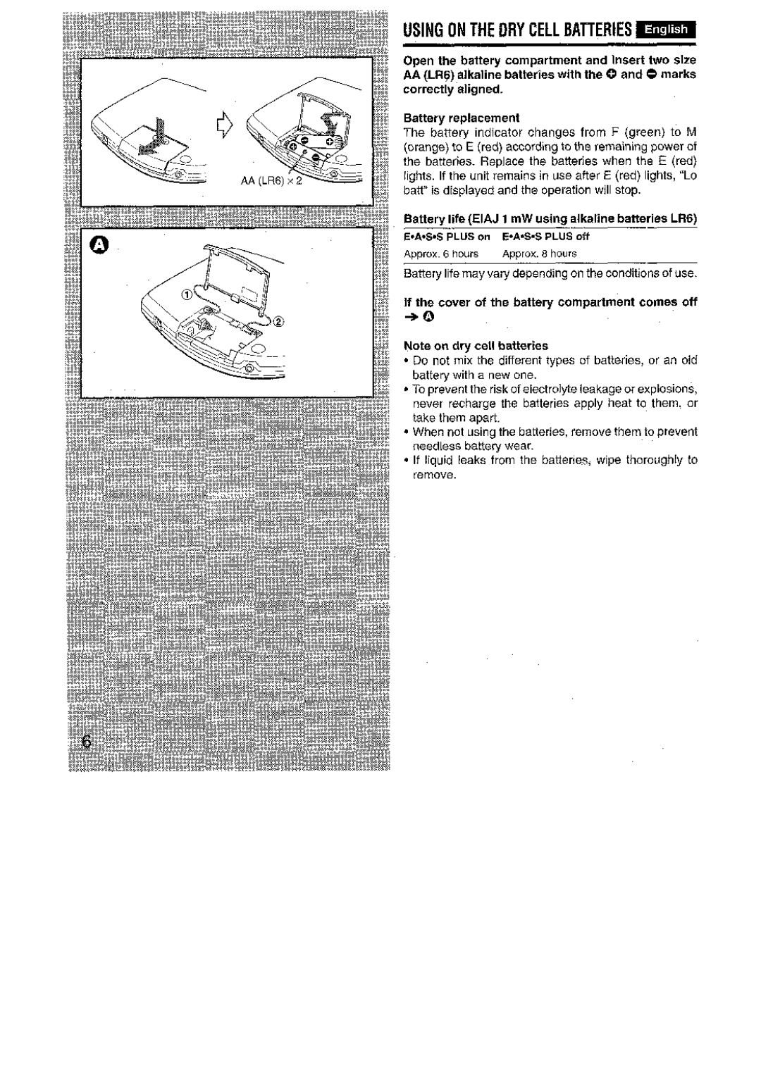 Aiwa XP-R970 Battery life Eiaj 1 mW using alkaline batteries LR6, If the cover of the battery compartment comes off +0 