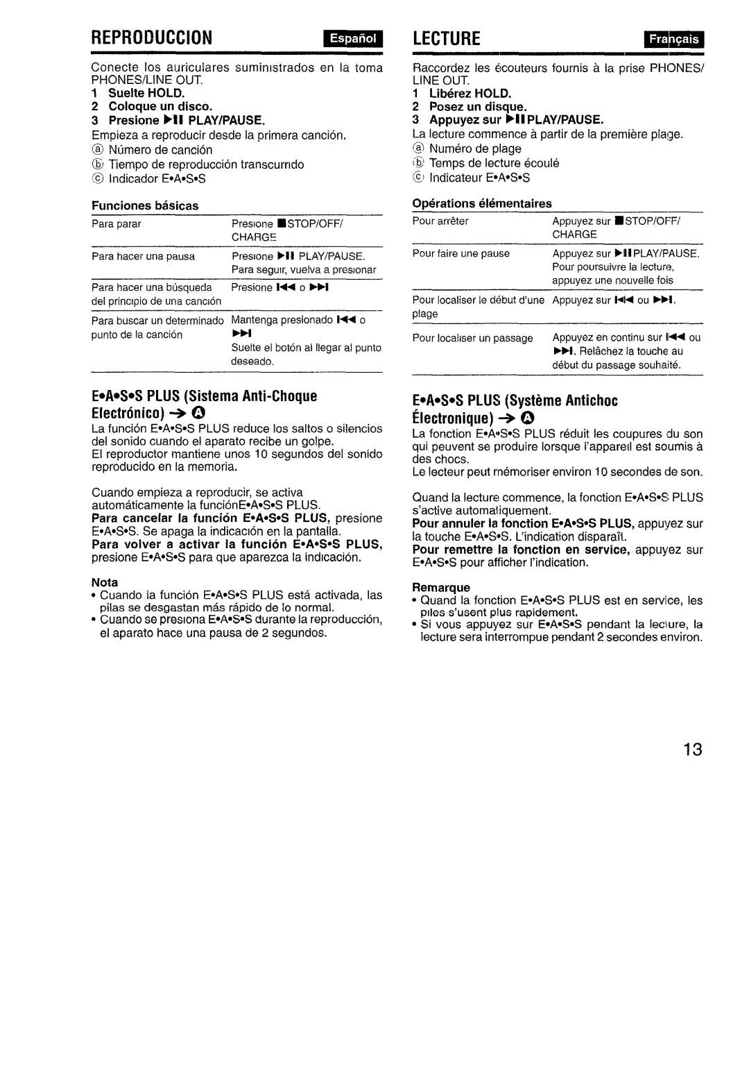 Aiwa XP-R970 manual Reproiiuccion, Lecture, E.A.S.S PLUS Sistema Anti-Choque Electronic + @ 